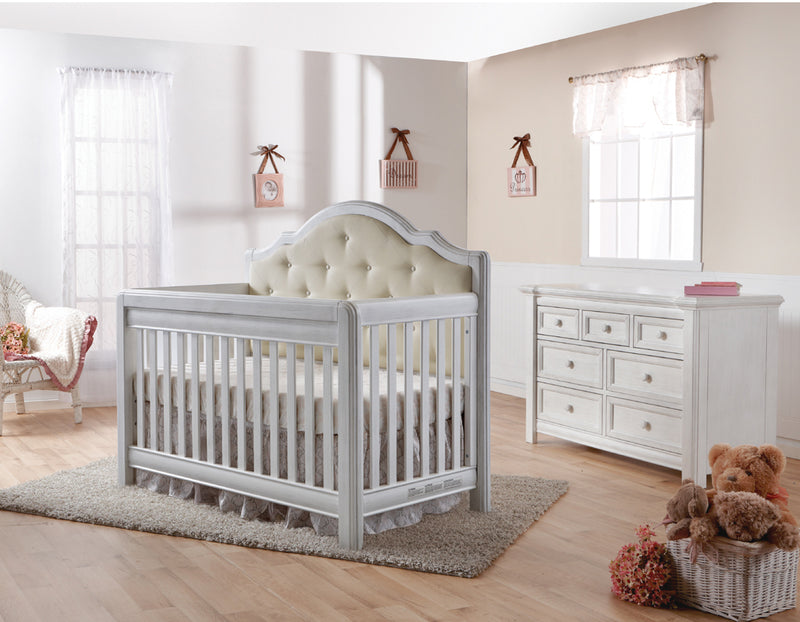 Crib and Double Dresser Cristallo Vintage White with Cream Fabric Pannel