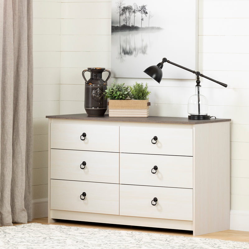6-Drawer Double Dresser  Plenny White Wash and Weathered Oak 12235