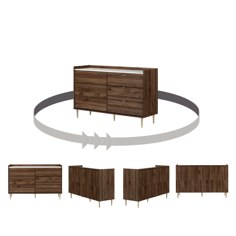Bureau double 6 tiroirs Hype-Noyer naturel et Marbre carrara