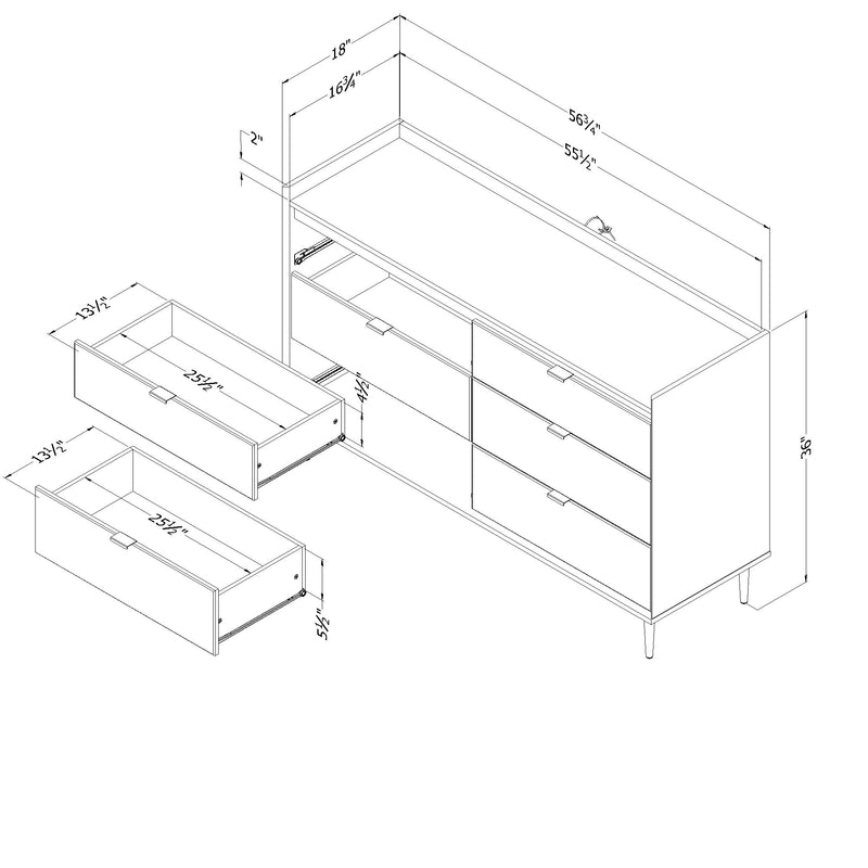 Hype 6-drawer double dresser - Natural walnut / Carrara marble