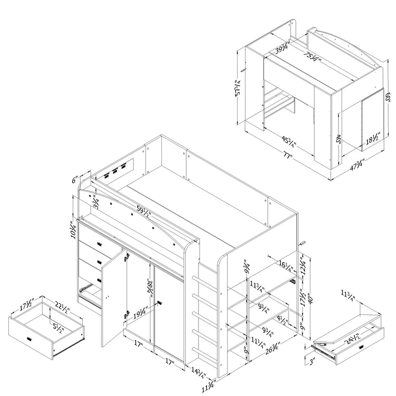 Lit mezzanine avec bureau simple 39" Tiara - Blanc solide