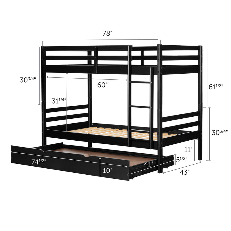 Lit superposé en bois massif avec lit gigogne 39"/39" - Noir mat