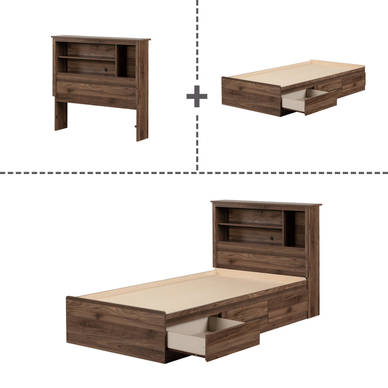 Ensemble lit matelot et tête de lit bibliothèque simple 39" Yodi -Noyer naturel