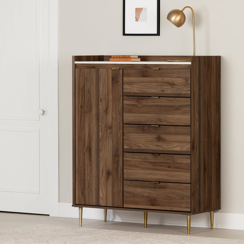 Hype - Door chest of 5 drawers -- Natural walnut and Carrara marble