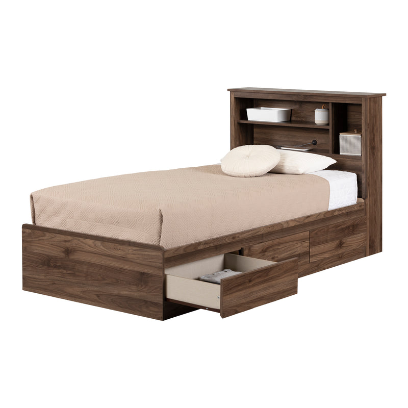 Ensemble lit matelot et tête de lit bibliothèque simple 39" Yodi -Noyer naturel