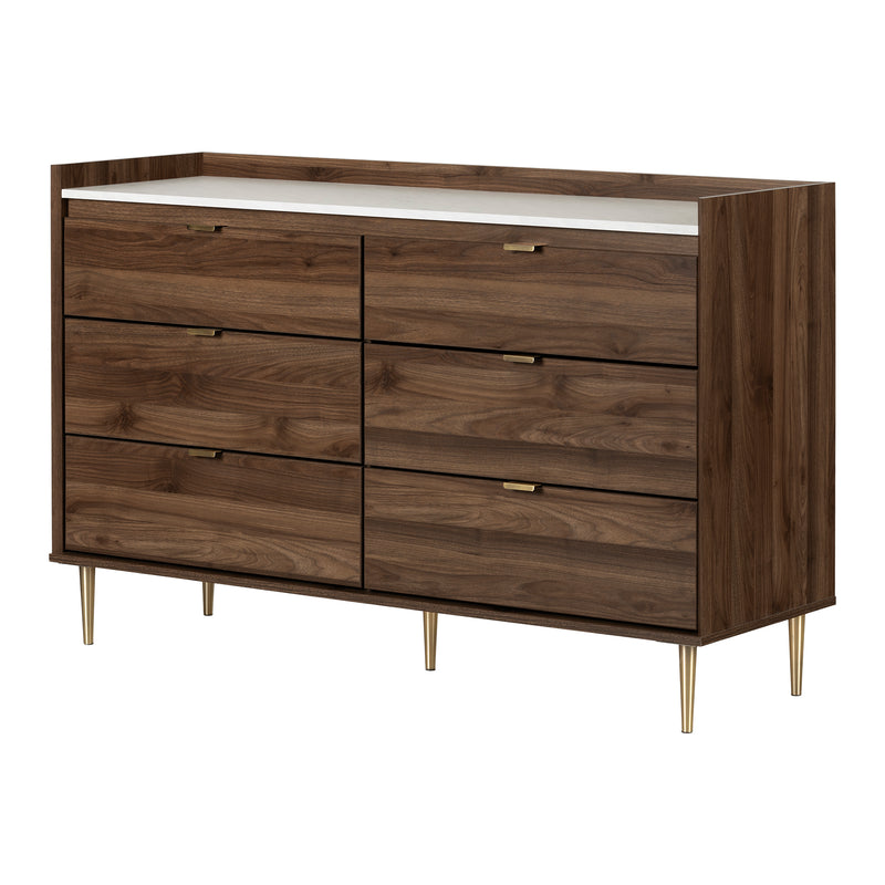Bureau double 6 tiroirs Hype-Noyer naturel et Marbre carrara