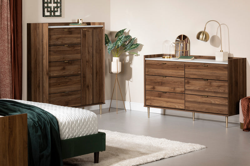 Bureau double 6 tiroirs Hype-Noyer naturel et Marbre carrara