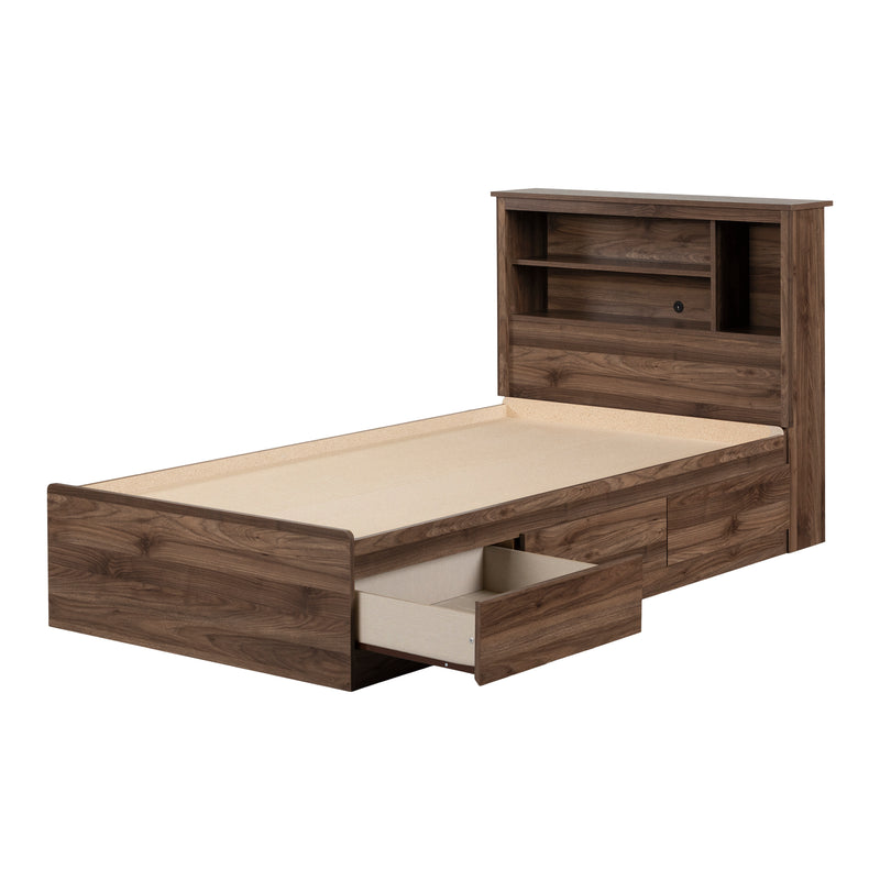 Ensemble lit matelot et tête de lit bibliothèque simple 39" Yodi -Noyer naturel