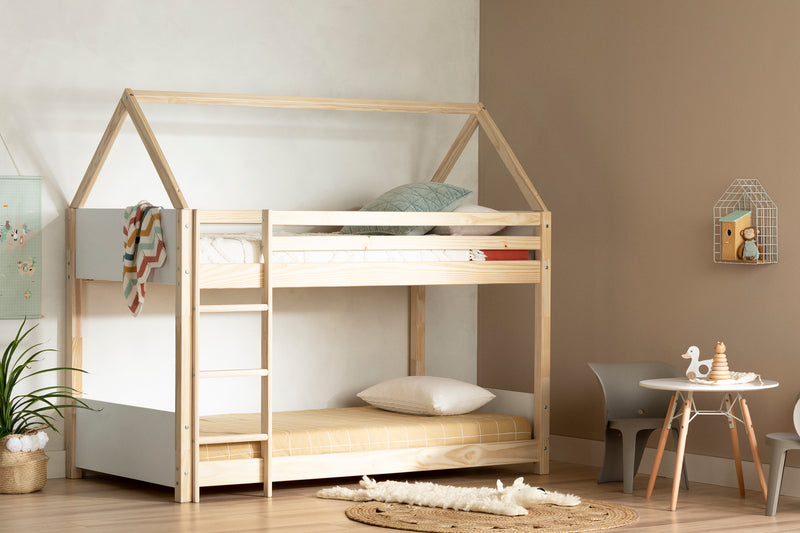 Sweedi - House bunk beds 39'' / 39" - White and Natural