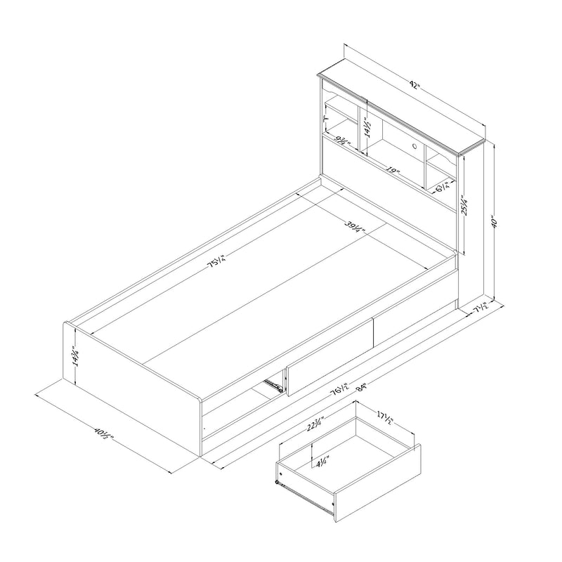 Ensemble lit matelot et tête de lit bibliothèque simple 39" Aviron - Pin bord de mer