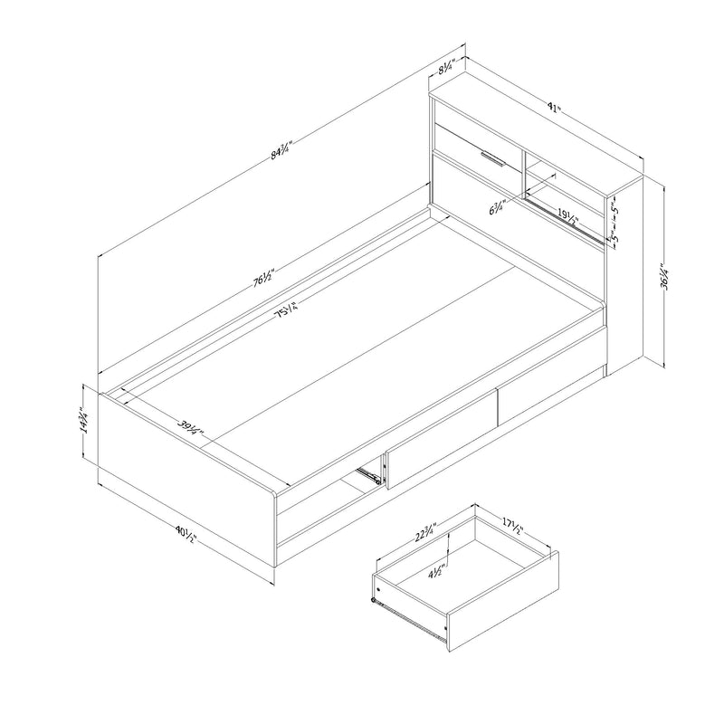 Ensemble lit matelot et tête de lit bibliothèque simple 39" Fynn - Chêne gris