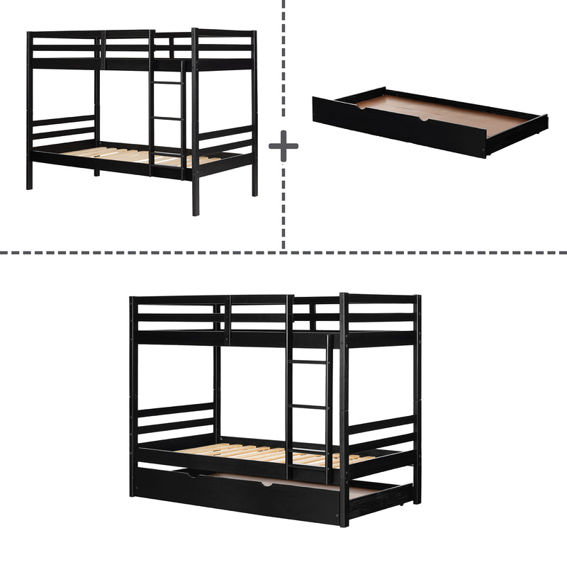 Lit superposé en bois massif avec lit gigogne 39"/39" - Noir mat