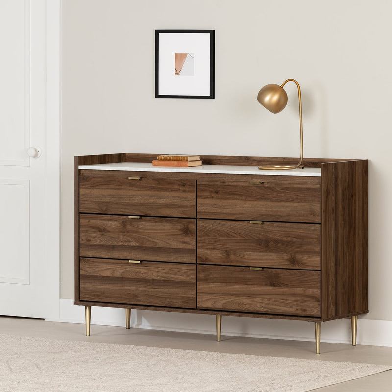 Bureau double 6 tiroirs Hype-Noyer naturel et Marbre carrara