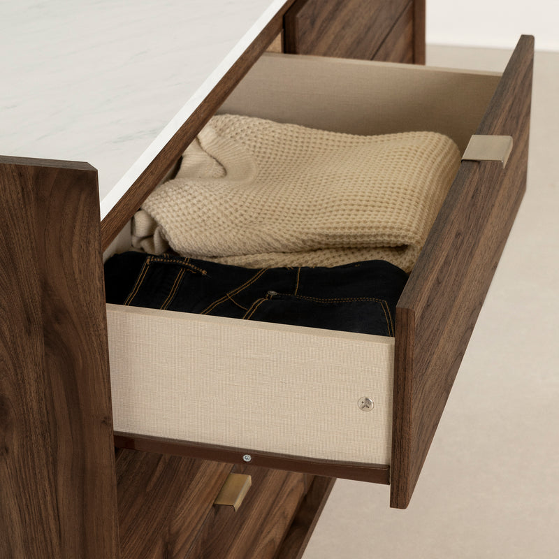 Bureau double 6 tiroirs Hype-Noyer naturel et Marbre carrara
